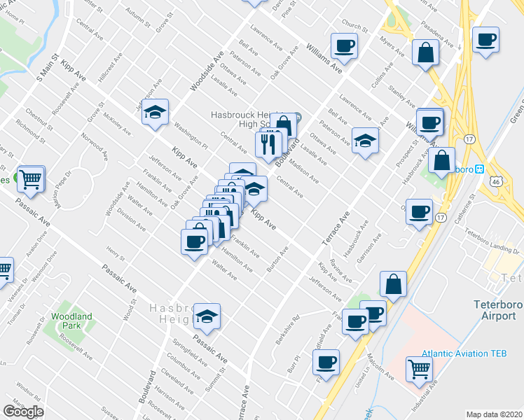 map of restaurants, bars, coffee shops, grocery stores, and more near 215 Kipp Avenue in Hasbrouck Heights