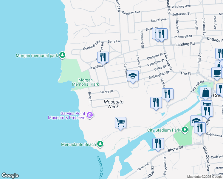 map of restaurants, bars, coffee shops, grocery stores, and more near 35 Henry Drive in Glen Cove
