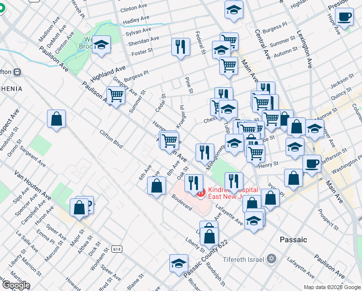 map of restaurants, bars, coffee shops, grocery stores, and more near 67 Hammond Avenue in Passaic