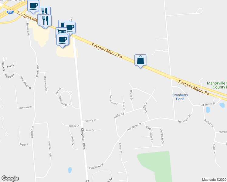 map of restaurants, bars, coffee shops, grocery stores, and more near 17 Greystone Court in Manorville