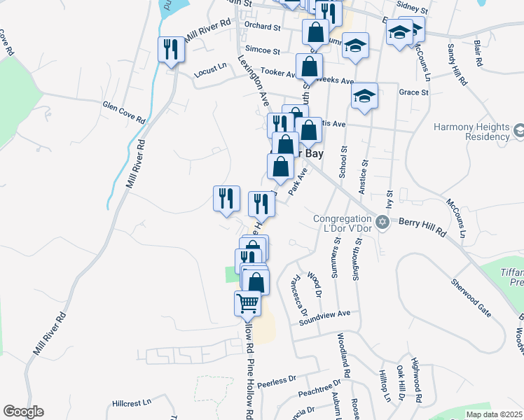 map of restaurants, bars, coffee shops, grocery stores, and more near 102 Pine Hollow Road in Oyster Bay