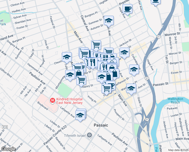 map of restaurants, bars, coffee shops, grocery stores, and more near 10 Martha Place in Passaic