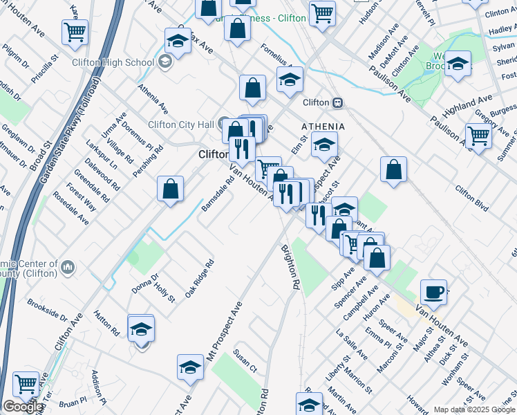 map of restaurants, bars, coffee shops, grocery stores, and more near 18 Van Vliet Court in Clifton