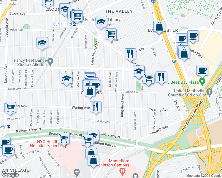 map of restaurants, bars, coffee shops, grocery stores, and more near 2504 Mickle Avenue in Bronx