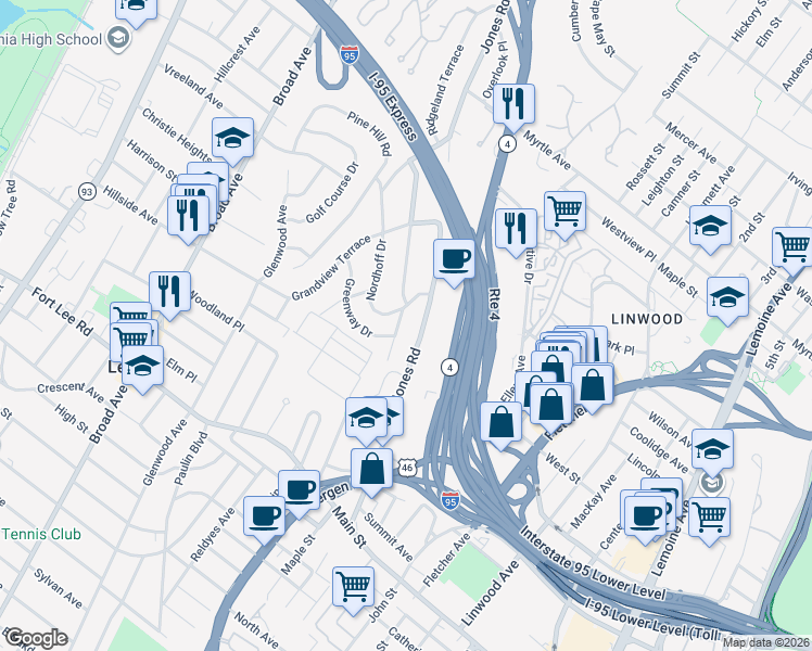 map of restaurants, bars, coffee shops, grocery stores, and more near 445 Ridgeland Terrace in Leonia