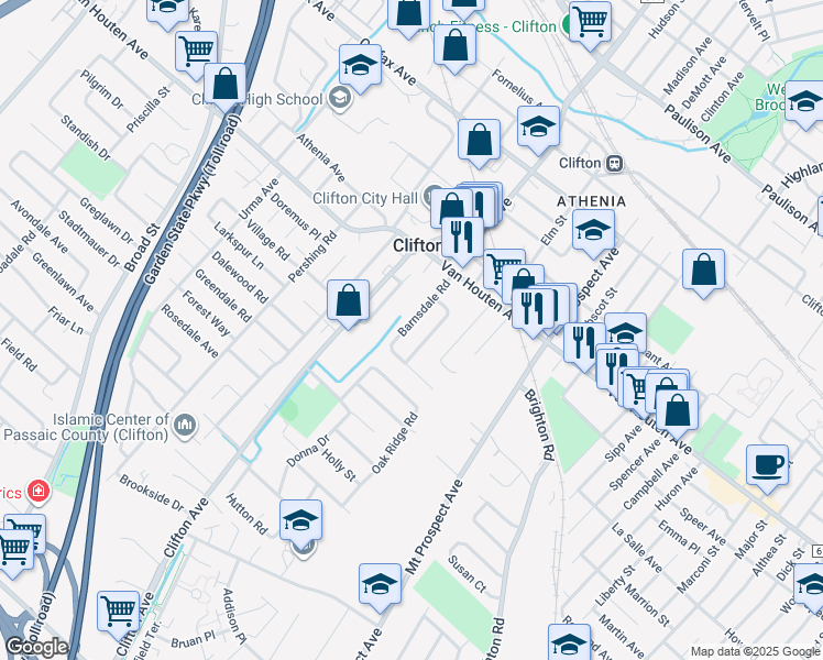 map of restaurants, bars, coffee shops, grocery stores, and more near 59 Barnsdale Road in Clifton