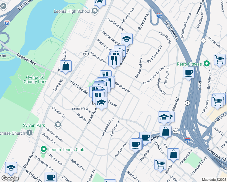 map of restaurants, bars, coffee shops, grocery stores, and more near 306 Beechwood Place in Leonia