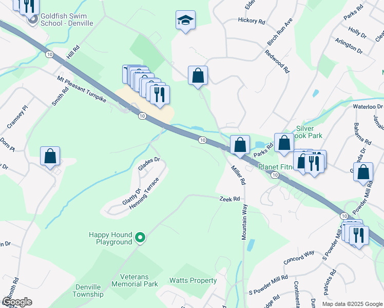 map of restaurants, bars, coffee shops, grocery stores, and more near 3027-3037 New Jersey 10 in Denville