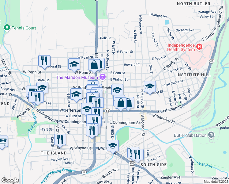map of restaurants, bars, coffee shops, grocery stores, and more near 220-222 North Cliff Street in Butler