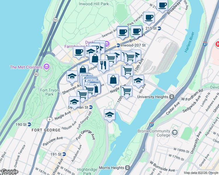 map of restaurants, bars, coffee shops, grocery stores, and more near 552 Academy Street in New York