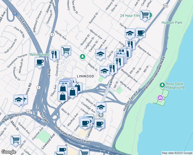 map of restaurants, bars, coffee shops, grocery stores, and more near 2348-2352 Linwood Avenue in Fort Lee