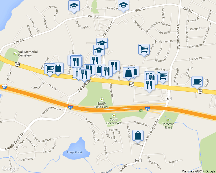 map of restaurants, bars, coffee shops, grocery stores, and more near 1315 U.S. 46 in Parsippany-Troy Hills