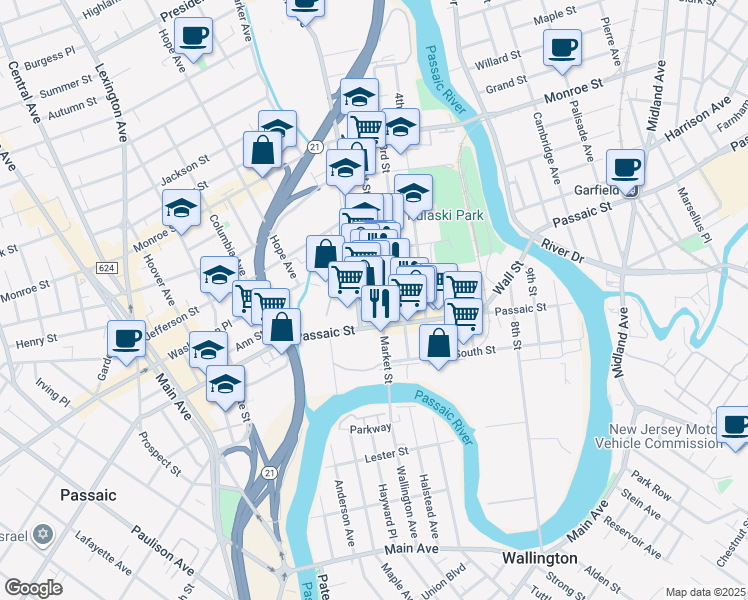 map of restaurants, bars, coffee shops, grocery stores, and more near 53 Market Street in Passaic