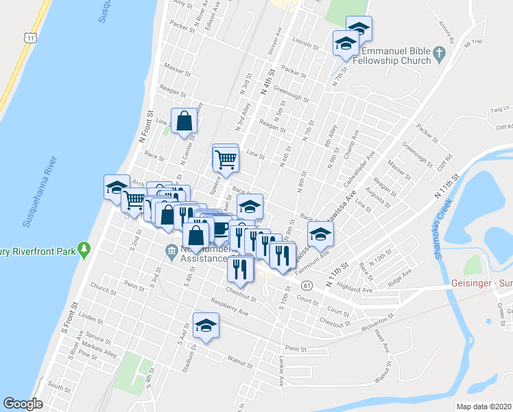 map of restaurants, bars, coffee shops, grocery stores, and more near 526 Pennsylvania Avenue in Sunbury