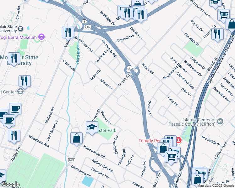 map of restaurants, bars, coffee shops, grocery stores, and more near 595 Grove Street in Clifton