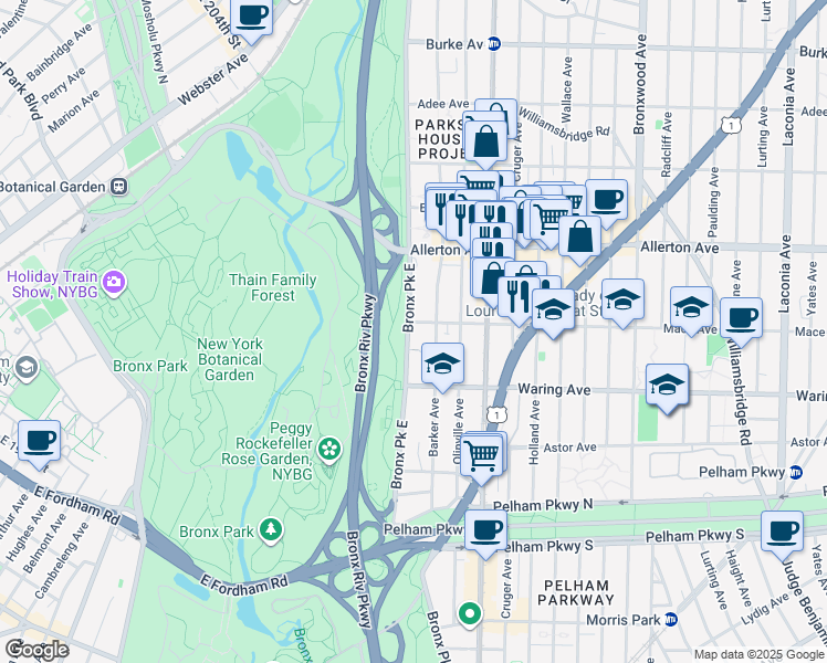 map of restaurants, bars, coffee shops, grocery stores, and more near 2458 Bronx Park East in The Bronx