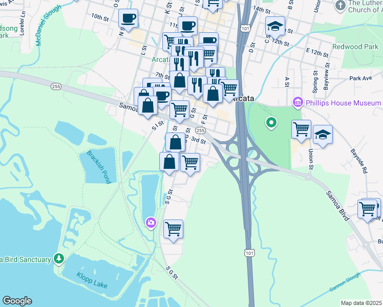 map of restaurants, bars, coffee shops, grocery stores, and more near 170 G Street in Arcata