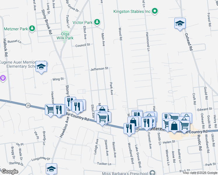 map of restaurants, bars, coffee shops, grocery stores, and more near 63 Main Avenue in Centereach