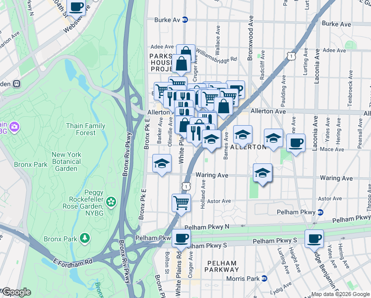 map of restaurants, bars, coffee shops, grocery stores, and more near 2506 White Plains Road in The Bronx