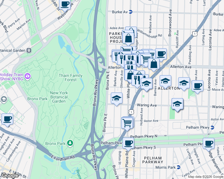 map of restaurants, bars, coffee shops, grocery stores, and more near 2458 Bronx Park East in The Bronx