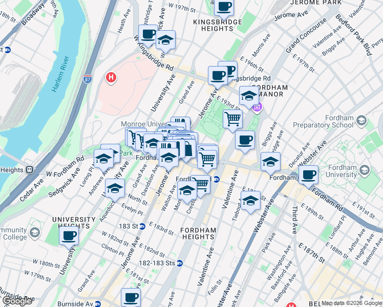 map of restaurants, bars, coffee shops, grocery stores, and more near Jerome Avenue in The Bronx
