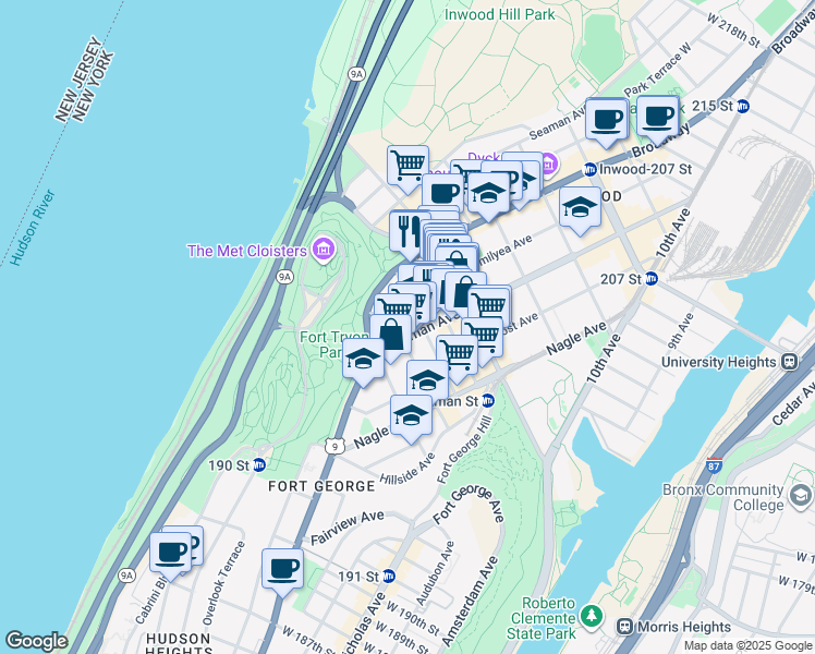 map of restaurants, bars, coffee shops, grocery stores, and more near 19 Dongan Place in New York