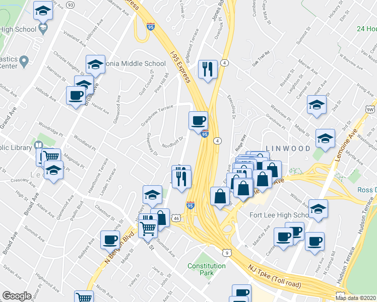 map of restaurants, bars, coffee shops, grocery stores, and more near 2205 New Jersey 4 in Fort Lee