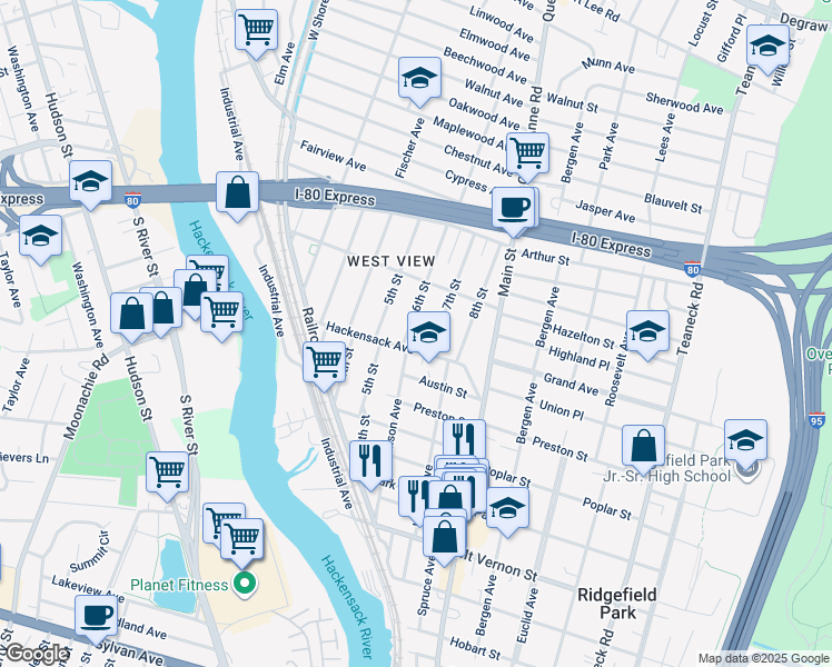 map of restaurants, bars, coffee shops, grocery stores, and more near 15 6th Street in Ridgefield Park