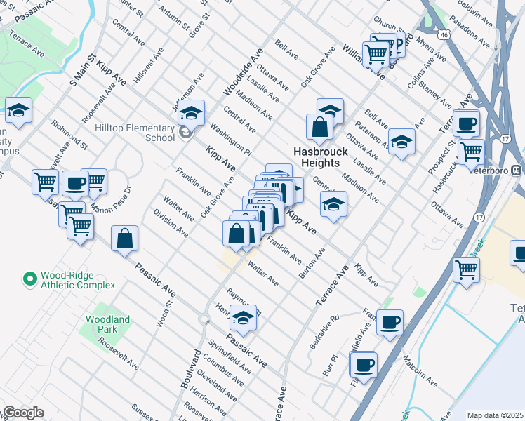 map of restaurants, bars, coffee shops, grocery stores, and more near 244 Boulevard in Hasbrouck Heights