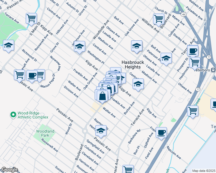 map of restaurants, bars, coffee shops, grocery stores, and more near 142 Jefferson Avenue in Hasbrouck Heights