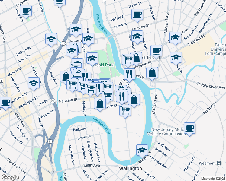 map of restaurants, bars, coffee shops, grocery stores, and more near 60 Wall Street in Passaic