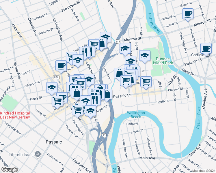 map of restaurants, bars, coffee shops, grocery stores, and more near 81 Washington Place in Passaic