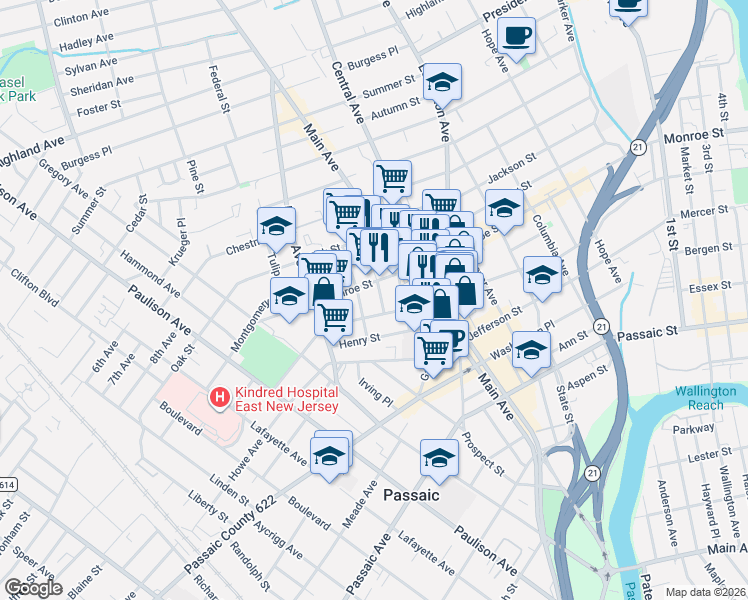 map of restaurants, bars, coffee shops, grocery stores, and more near 10 Martha Place in Passaic