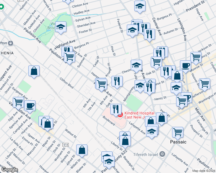 map of restaurants, bars, coffee shops, grocery stores, and more near 67 Hammond Avenue in Passaic