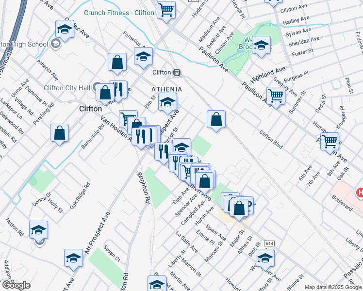 map of restaurants, bars, coffee shops, grocery stores, and more near 70 Monhegan Street in Clifton