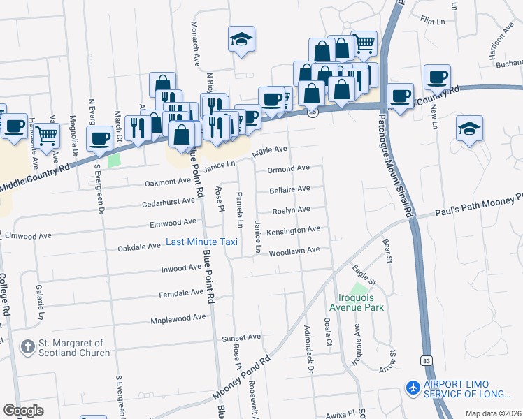 map of restaurants, bars, coffee shops, grocery stores, and more near 33 Roslyn Avenue in Selden