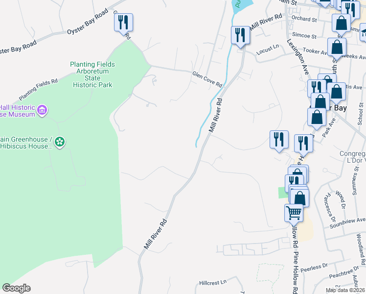 map of restaurants, bars, coffee shops, grocery stores, and more near 31 Mill River Road in Oyster Bay