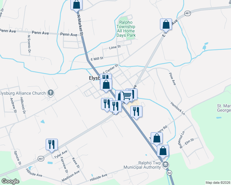 map of restaurants, bars, coffee shops, grocery stores, and more near 12-2 Walnut Street in Elysburg