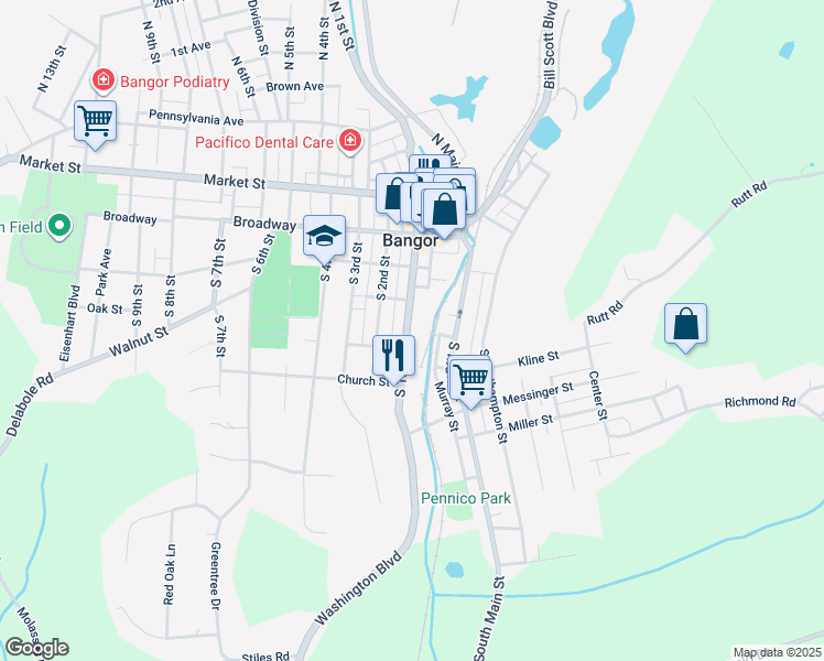 map of restaurants, bars, coffee shops, grocery stores, and more near 346 South 1st Street in Bangor