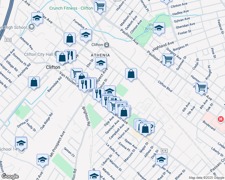 map of restaurants, bars, coffee shops, grocery stores, and more near 70 Monhegan Street in Clifton
