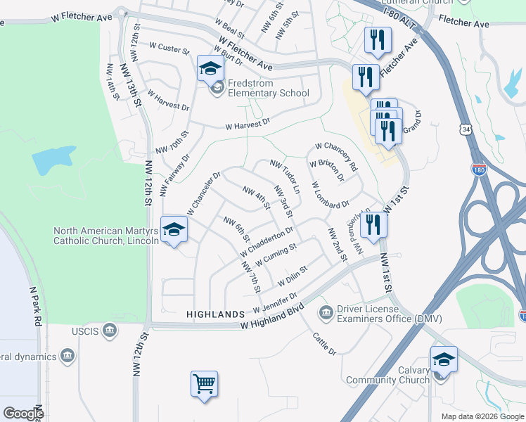 map of restaurants, bars, coffee shops, grocery stores, and more near 401 West Carrine Drive in Lincoln