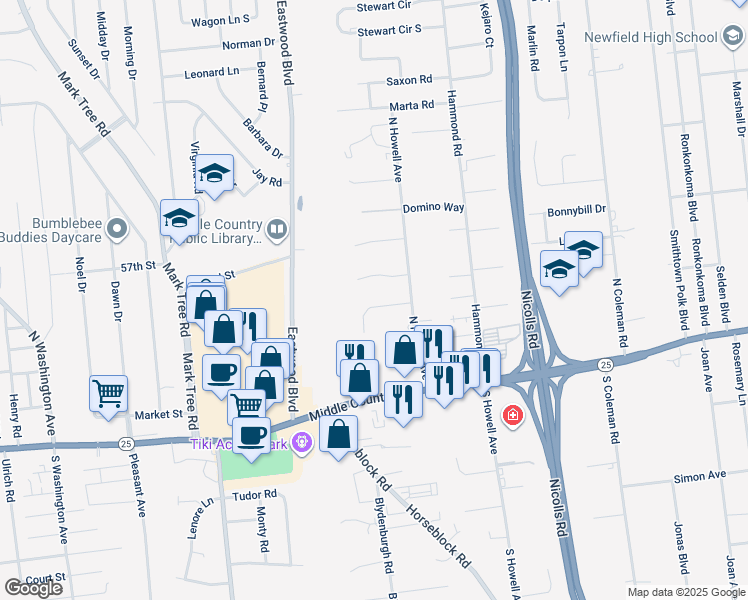 map of restaurants, bars, coffee shops, grocery stores, and more near 7 Rock Island Road in Centereach