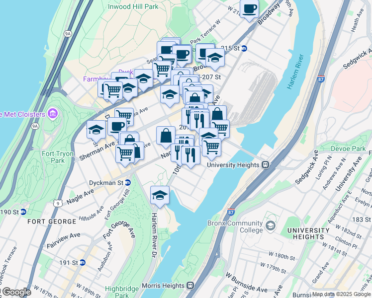 map of restaurants, bars, coffee shops, grocery stores, and more near 3822 10th Avenue in New York