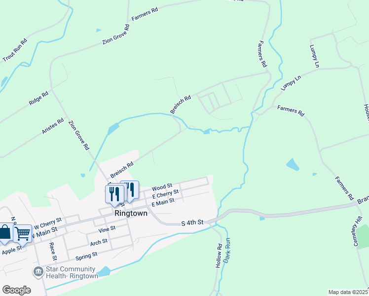 map of restaurants, bars, coffee shops, grocery stores, and more near 76 Breisch Road in Ringtown
