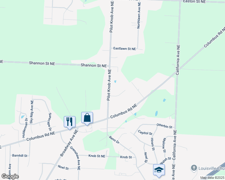 map of restaurants, bars, coffee shops, grocery stores, and more near 6220 Pilot Knob Avenue Northeast in Louisville