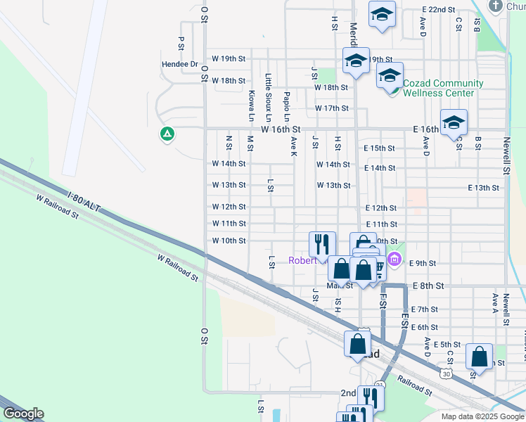 map of restaurants, bars, coffee shops, grocery stores, and more near 498 West 11th Street in Cozad