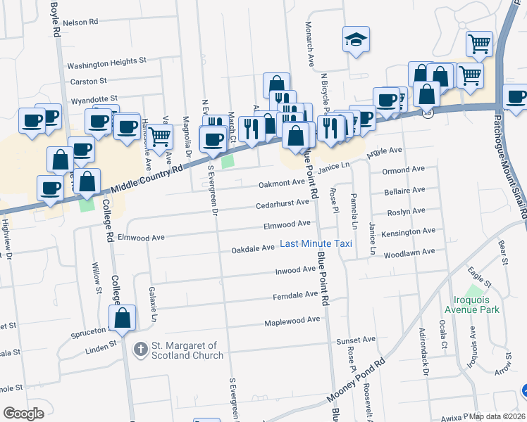 map of restaurants, bars, coffee shops, grocery stores, and more near 34 Cedarhurst Avenue in Selden