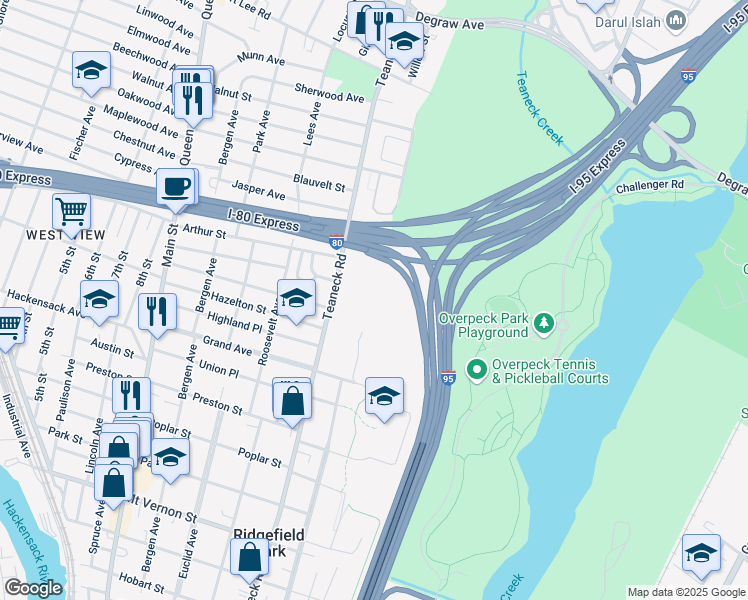 map of restaurants, bars, coffee shops, grocery stores, and more near 577 Teaneck Road in Ridgefield Park