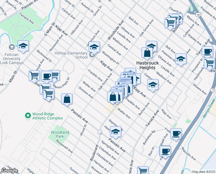 map of restaurants, bars, coffee shops, grocery stores, and more near 116 Franklin Ave in Hasbrouck Heights