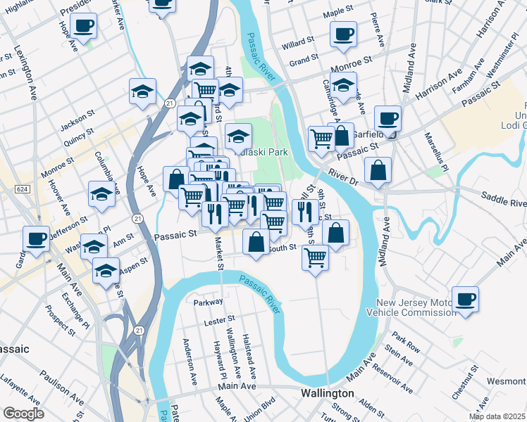 map of restaurants, bars, coffee shops, grocery stores, and more near 44 5th Street in Passaic